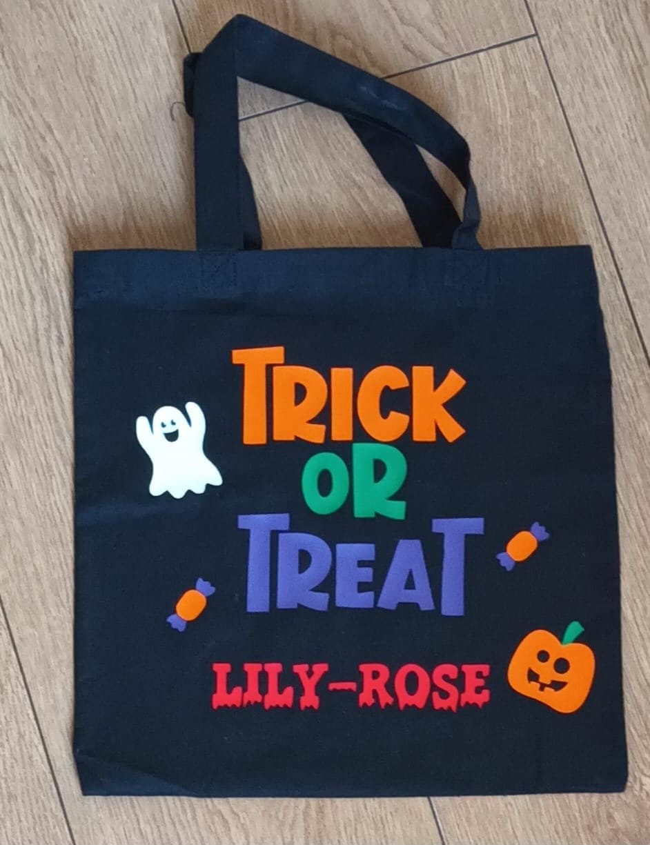 Personalised Trick Or Treat Sweet Bag, Reusable Sweet Bag, Halloween Gift, Cotton Canvas - Unisex - Boys - Girls - Customised